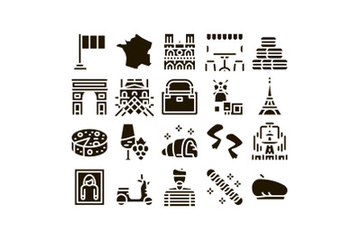 France Country Travel Glyph Set Vector