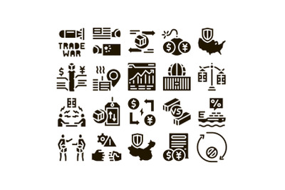 Trade War Business Glyph Set Vector