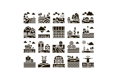 Farming Landscape Glyph Set Vector