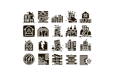 Broken House Building Glyph Set Vector