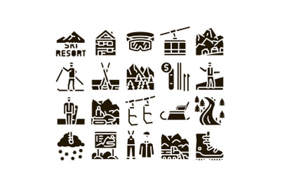 Ski Resort Vacation Glyph Set Vector