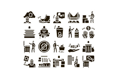 Homeless Beggar People Glyph Set Vector