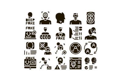 Deepfake Face Fake Glyph Set Vector