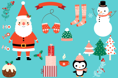 Cute Christmas clipart set, Santa clipart, Snowman, Christmas trees, Penguin, stockings