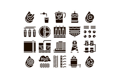 Water Treatment Items Glyph Icons Set Vector