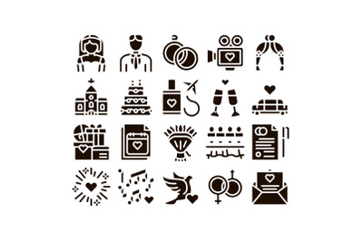 Wedding Glyph Icons Set Vector