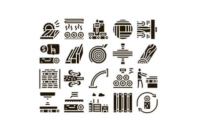 Wood Production Plant Glyph Set Vector