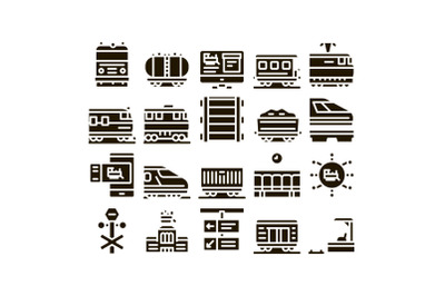 Train Rail Transport Glyph Set Vector