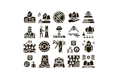 Forestry Lumberjack Glyph Set Vector