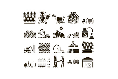 Wood Logging Industry Glyph Set Vector