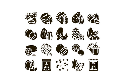 Nut Food Different Glyph Set Vector