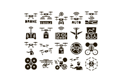 Drone Fly Quadrocopter Glyph Set Vector