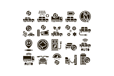 Electric Car Transport Glyph Set Vector