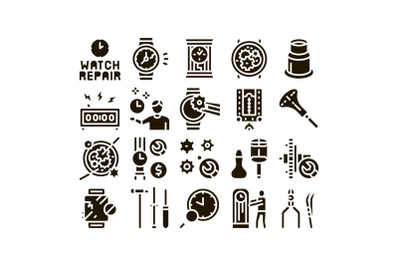 Watch Repair Service Glyph Set Vector