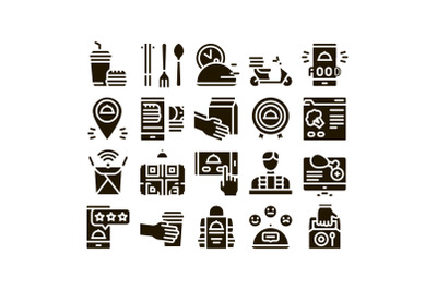 Food Delivery Service Glyph Set Vector