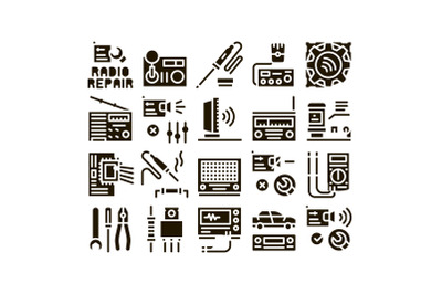 Radio Repair Service Glyph Set Vector