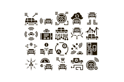 Smart Car Technology Glyph Set Vector