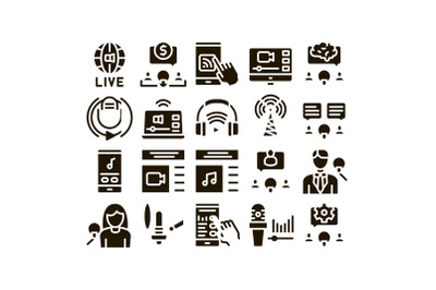 Podcast And Radio Glyph Set Vector