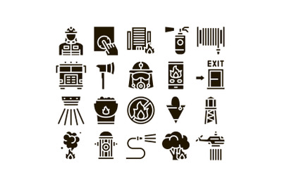 Firefighter Equipment Glyph Set Vector