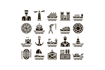 Marine Port Transport Glyph Set Vector