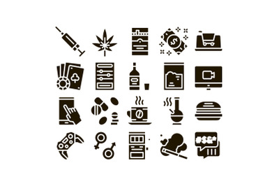 Addiction Bad Habits Glyph Set Vector