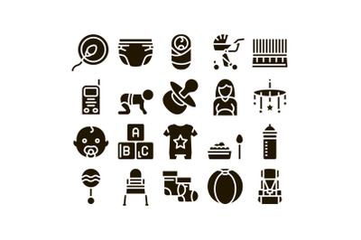 Baby Clothes And Tools Glyph Set Vector