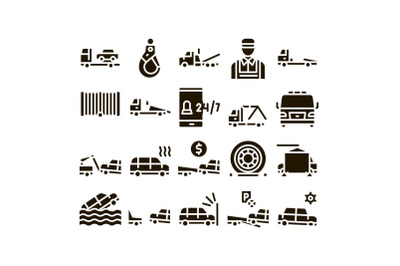 Tow Truck Transport Glyph Set Vector