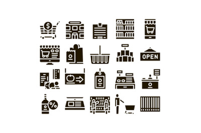 Grocery Shop Shopping Glyph Set Vector