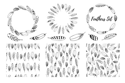 Hand drawn Boho Feathers SVG set. Elements, Wreath, Seamless
