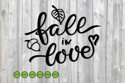 Fall in Love SVG text with falling leaf, acorn, heart.