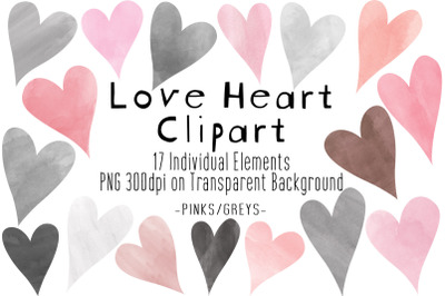Pink &amp; Grey Hearts Clipart | Watercolor Love Hearts PNG | Valentines