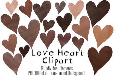 Watercolor Love Hearts Clipart, Brown, Nude, Skin Tones, PNG
