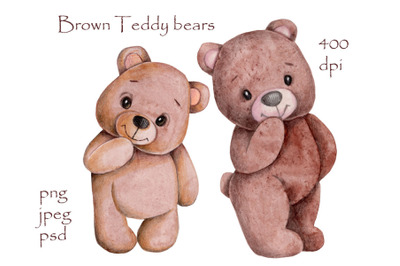 Two Brown Teddy Bears, watercolor.