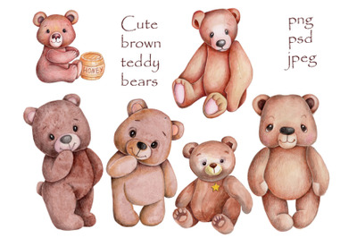 Set of cute brown teddy bears. Illustrations.