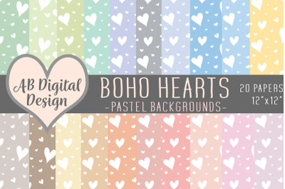 Pastel Boho Love Hearts Digital Paper Backgrounds, Seamless