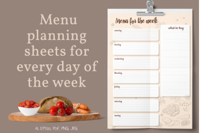 Menu planning sheets for every day of the week