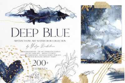 Deep blue. Abstract and line art watercolor set