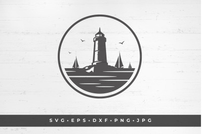 Seascape with lighthouse and yachts vector illustration. SVG, PNG, DXF