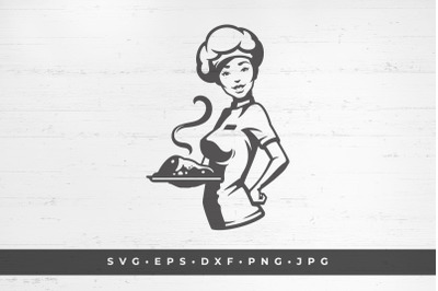 Woman chef holding a tray of hot food.  vector illustration. SVG, PNG,