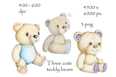 Three cute beige teddy bears. Watercolor.