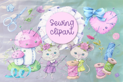 Sewing accessories and sewing mouse characters. Watercolor clipart for