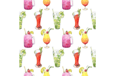 Bright watercolor seamless pattern with cocktails and drinks