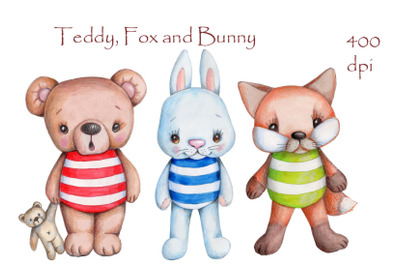 Teddy&2C; Fox&2C; Bunny. Watercolor.