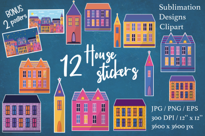 Drawing houses stickers. Clipart and Sublimation.