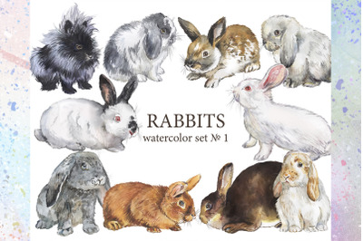 Rabbits watercolor clipart set 1. Decorative breeds of rabbits