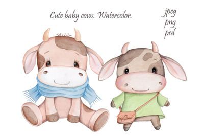 Cute baby cows. Watercolor illustrations.