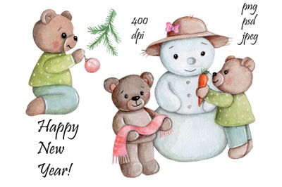 Happy New Year. Watercolor Teddy Bears.