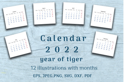 Calendar 2022 year. 12 templates with month.