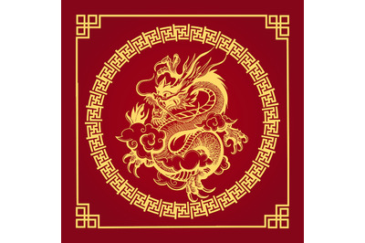 Traditional Chinese Golden Dragon on Red Background