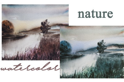watercolor landscape and nature with tree and river. autumn illustrati